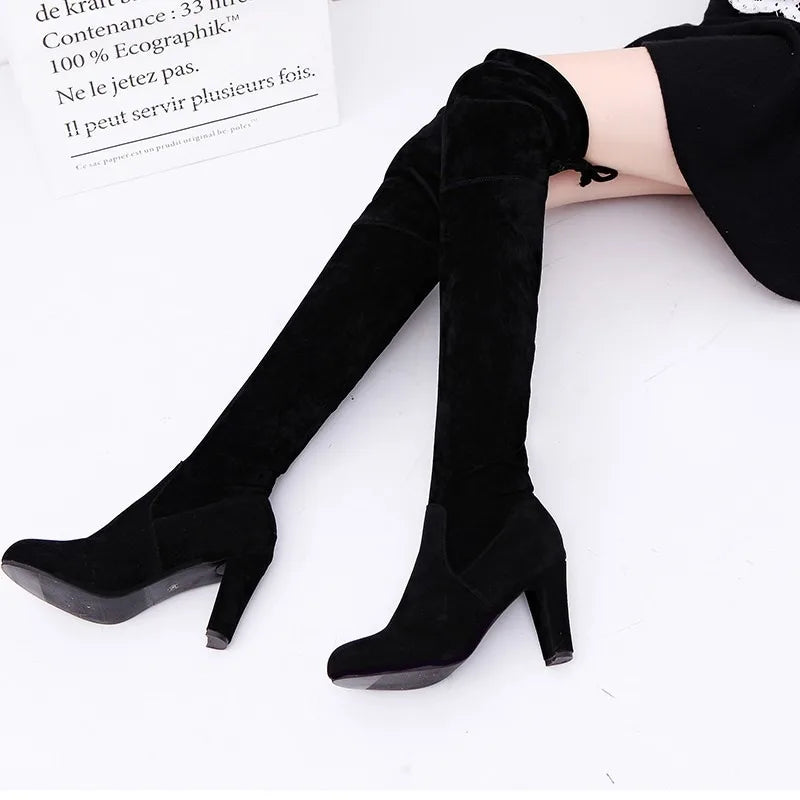 Brand Thigh High Botines Mujer Plush Fur Shoes Winter Stovepipe Stretch Over Knee Long Boots Women Lace-up Velvet Knight Bottes
