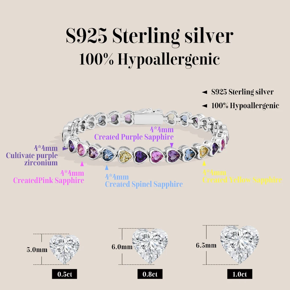 ATTAGEMS Heart-shape Sapphire Colorful Bracelet S925 Sterling Silver 18K Gold Plated Zircon For Women Engagement  Party  Jewelry