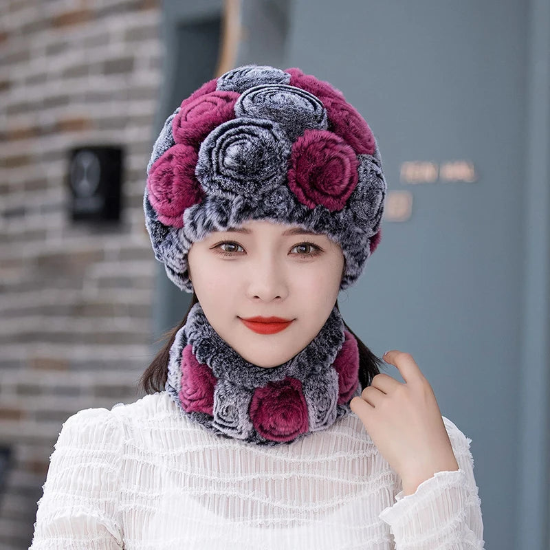 Winter Knitted 100% Natural Fur Hats Scarves Sets Women Warm Real Rex Rabbit Fur Hat Scarf Lady Fashiom Thick Rex Rabbit Fur Hat