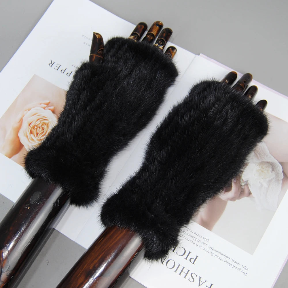 New Style Women Winter Real Mink Fur Gloves 100% Natural Warm Mink Fur Fingerless Gloves Girls Knitted Genuine Mink Fur Mittens