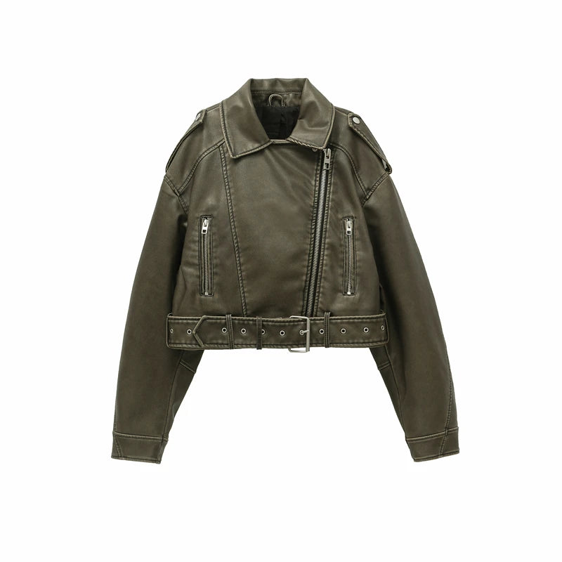 2025 New style Women's washed leather jacket with belt, short coat with downgraded zipper and vintage lapel jacket