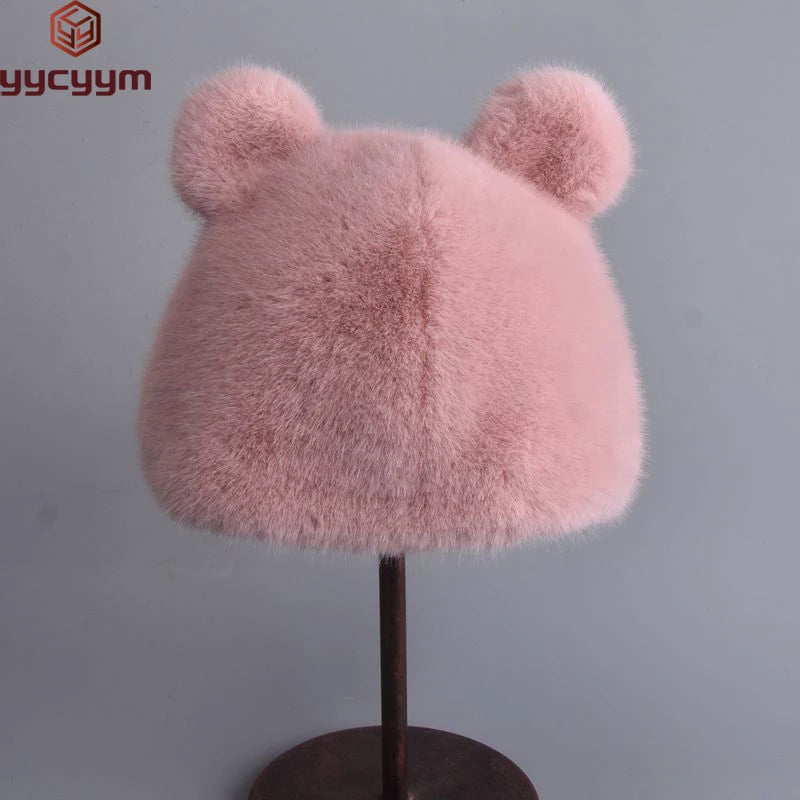 Winter Luxury Faux Mink Fur Beanies Caps Women's Earmuffs Fashion Warm Cap Berets Faux Mink Fur Brim 2025 Fashion Warmer Cap