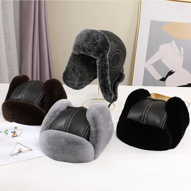 2025 Fashion Men's 100% Natural Rex Rabbit Fur Bomber Hats Winter Russian Man Warm Real Sheepskin Leather Hat Male Real Fur Caps