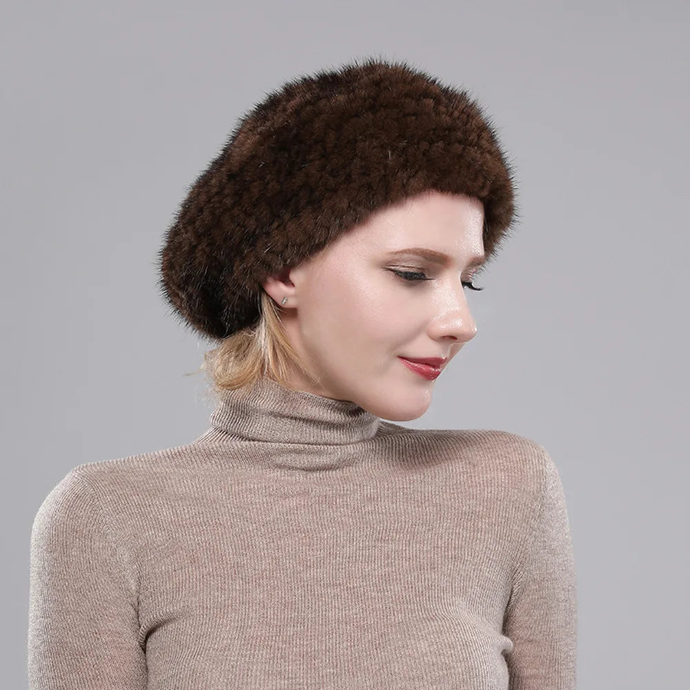 Real Mink Fur Berets Elegant Women's Winter Caps New Design Fashion Fur Hats Knitted Warm Natural Mink Fur Beanies Hat