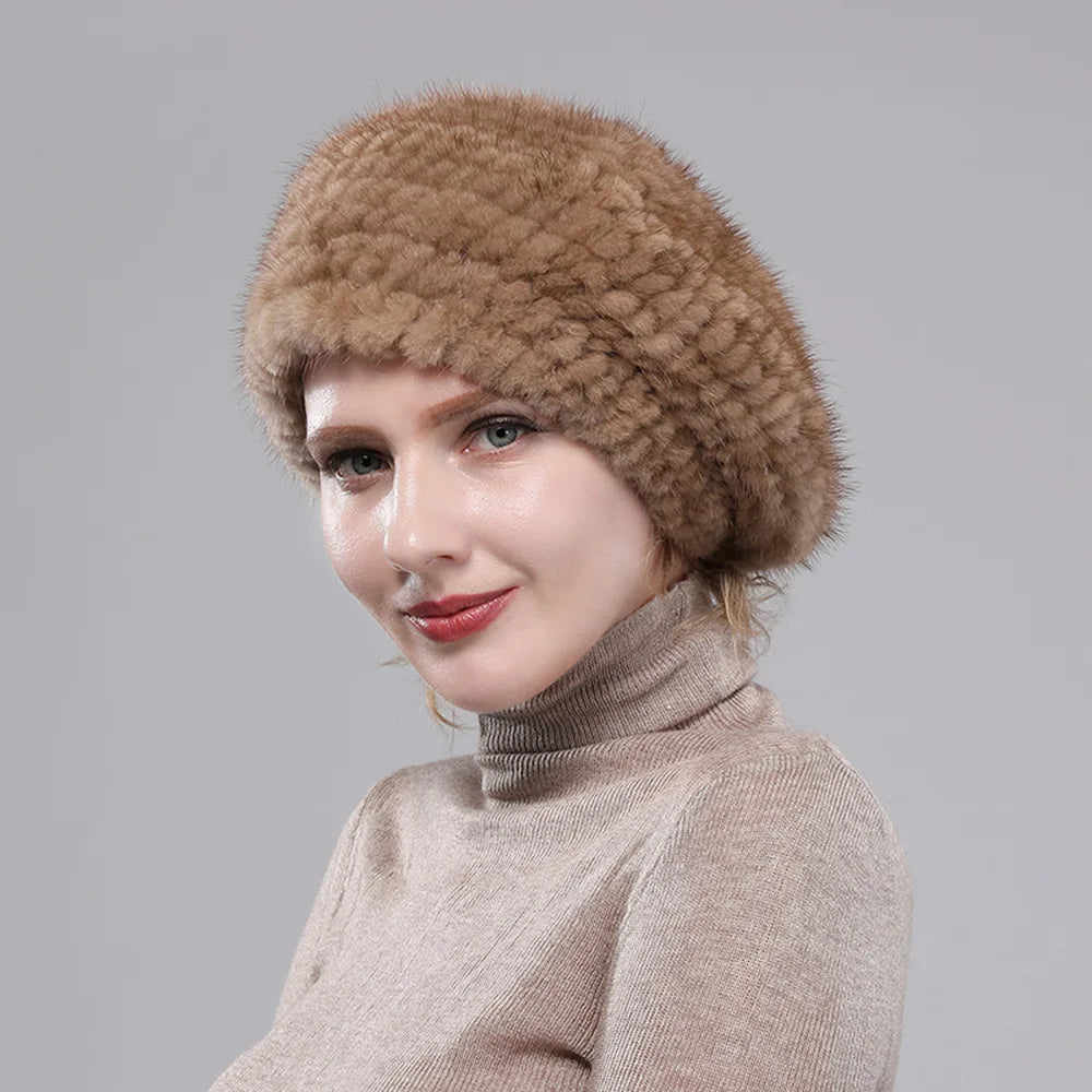 Real Mink Fur Berets Elegant Women's Winter Caps New Design Fashion Fur Hats Knitted Warm Natural Mink Fur Beanies Hat
