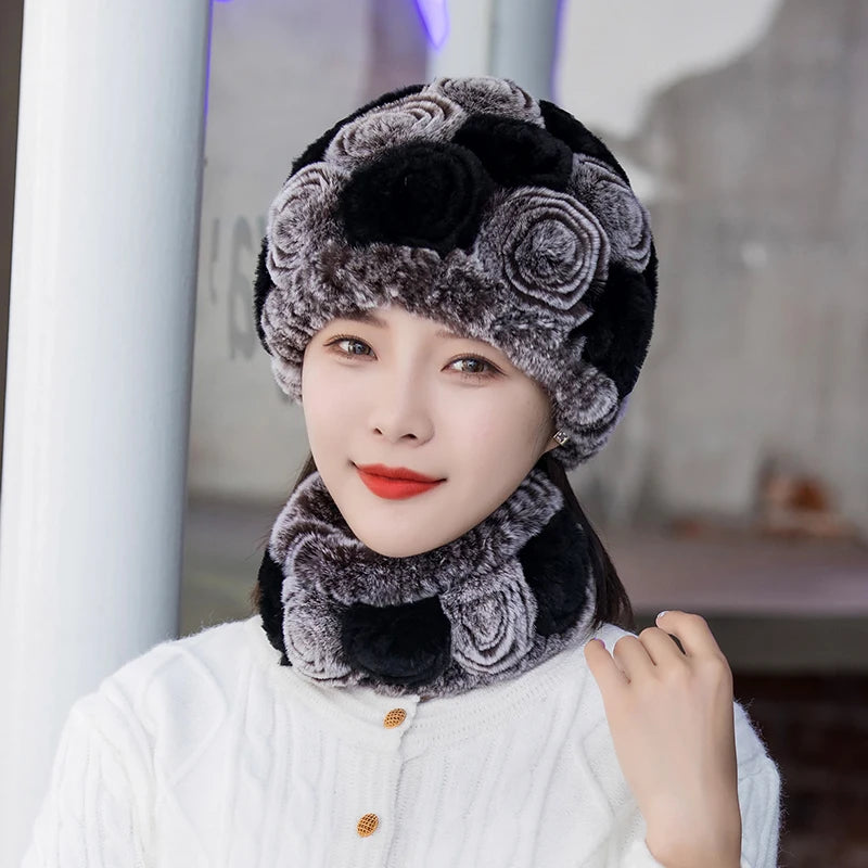 Winter Knitted 100% Natural Fur Hats Scarves Sets Women Warm Real Rex Rabbit Fur Hat Scarf Lady Fashiom Thick Rex Rabbit Fur Hat