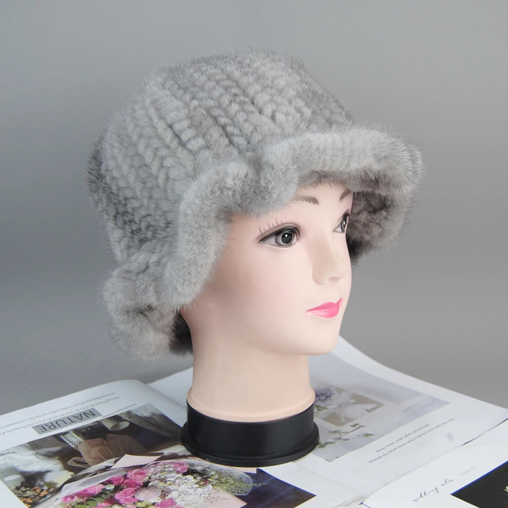 Women's Hat 2025 New Winter Real Mink Fur Hat Casual Luxury Flower Knitted Bucket Hat Pots Cap Lady Natural Mink Fur Cap Beanies