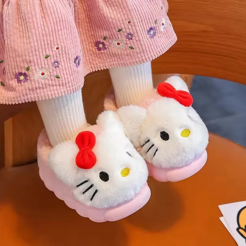 2025 Sanrio Hello Kitty Autumn/Winter Cotton Slippers Cover Heel Cute Flat Plush Slippers Autumn Anime Peripheral Christmas Gift