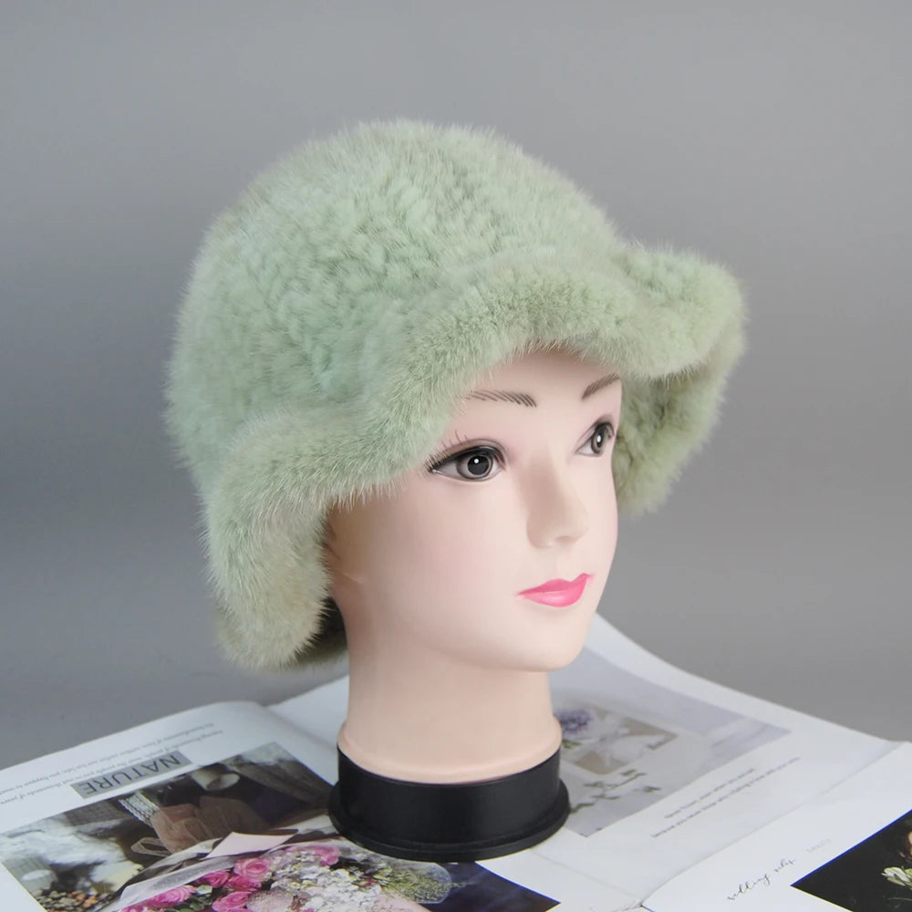 Women's Hat 2025 New Winter Real Mink Fur Hat Casual Luxury Flower Knitted Bucket Hat Pots Cap Lady Natural Mink Fur Cap Beanies
