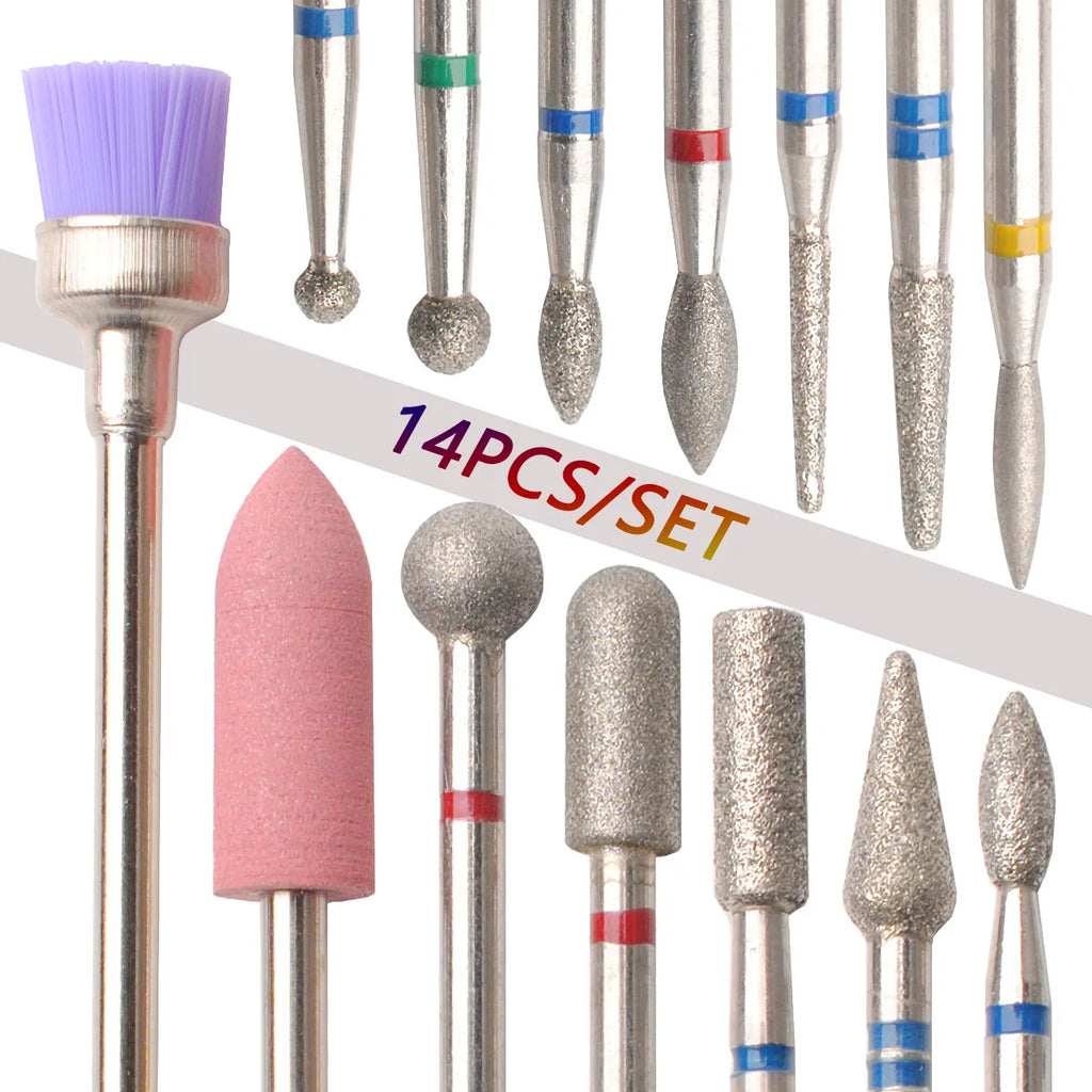 14pcs/set Nail Drill Machine Bit Nail Gel Removal Polishing Tools Pedicure Manicure Rotary Grinding  Buffer Polisher