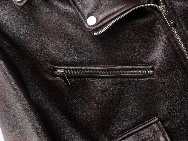 Dark brown Coal graysty le Women's washed leather jacket with belt, short coat with downgraded zipper and vintage lapel jacket