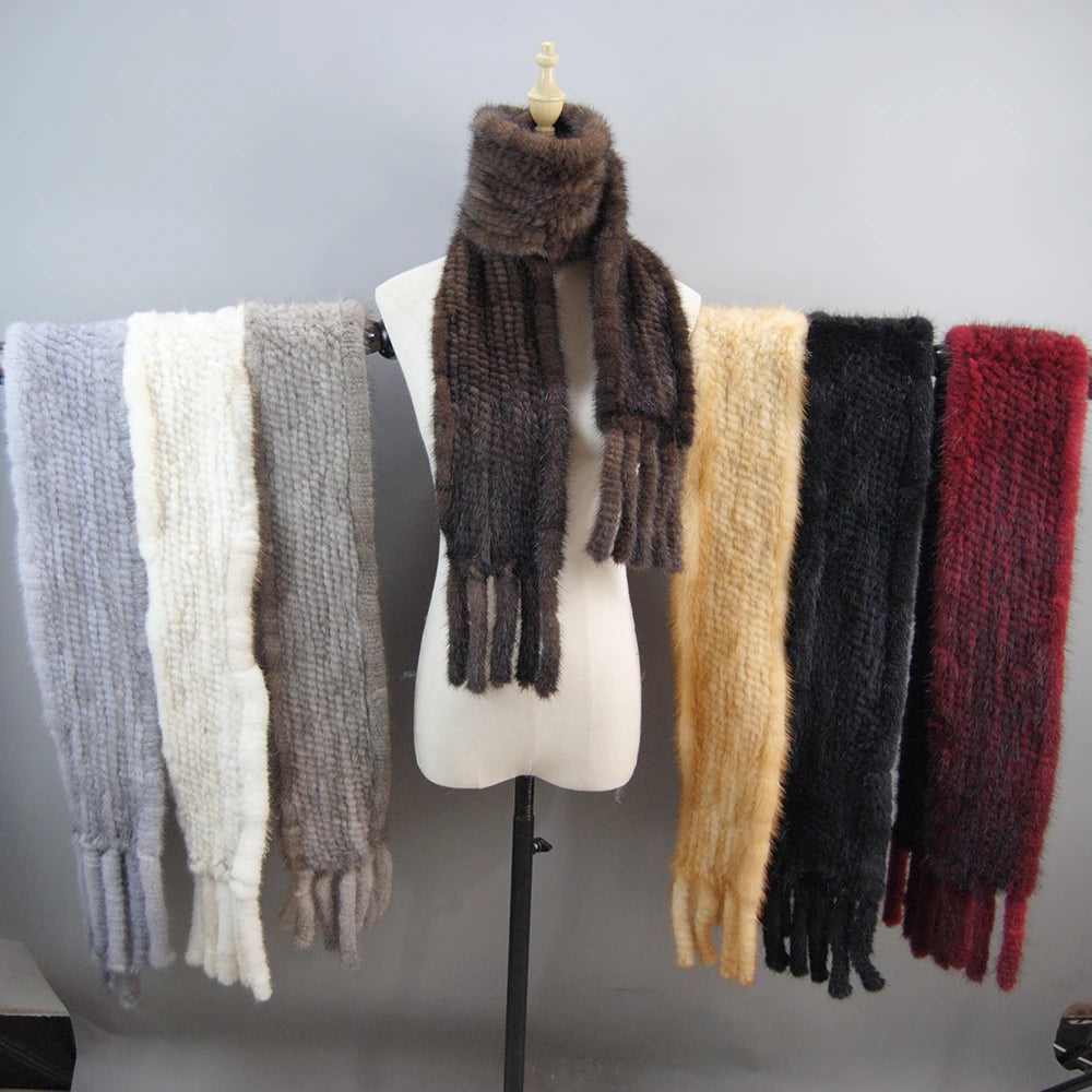 2025 Luxury Women Muffler 100% Real Mink Fur Scarf With Tassel Hand Knitted Natural Mink Scarves Neck Warmer Poncho Wholesale