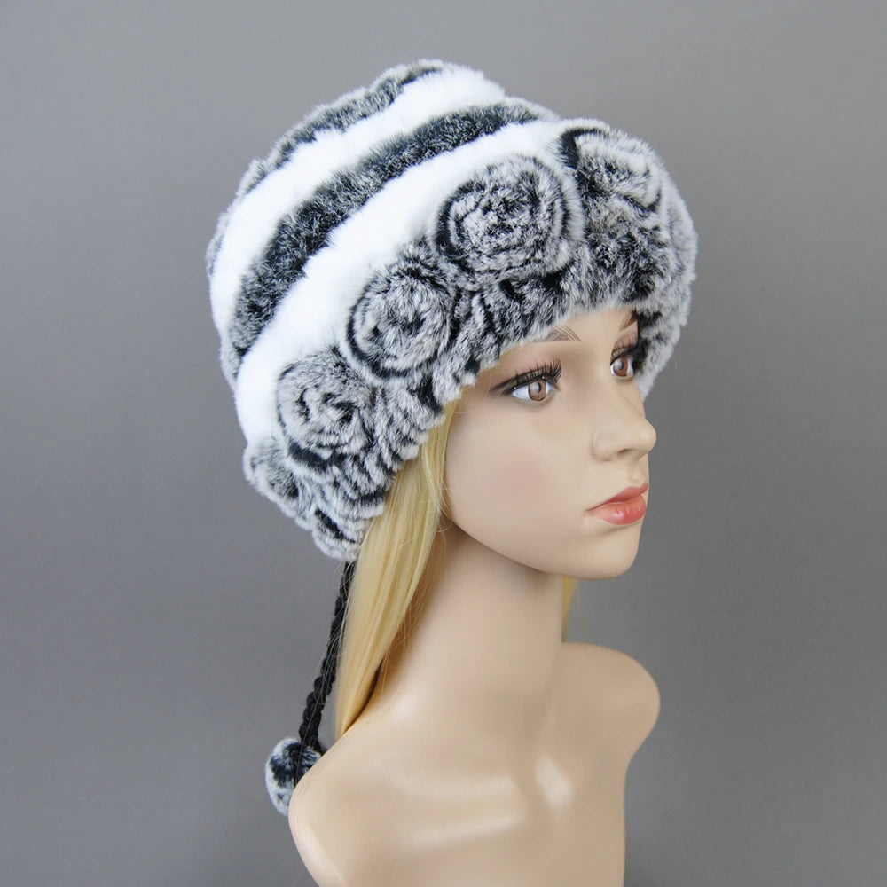 Hot Sale Women Warm Rex Rabbit Fur Hat Scarf Sets Winter Lady Knit Fur Hats Muffler 2 Pieces Natural Rex Rabbit Fur Cap Scarves