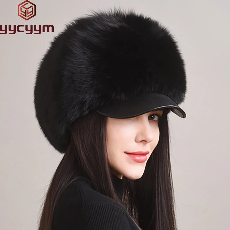 2025 New Fashion Earflap Hat Winter Women's Hat Real Fox Fur Hats Headgear Russian Girls Real Fox Fur Beanies Cap