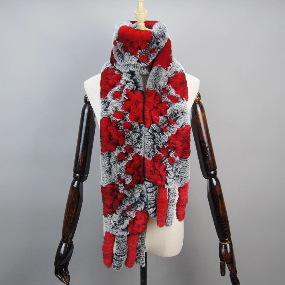 2025 Long Style Women Winter Real Rex Rabbit Fur Scarf Natural Rex Rabbit Fur Scarves Lady Knitted Rex Rabbit Fur Ring Scarves