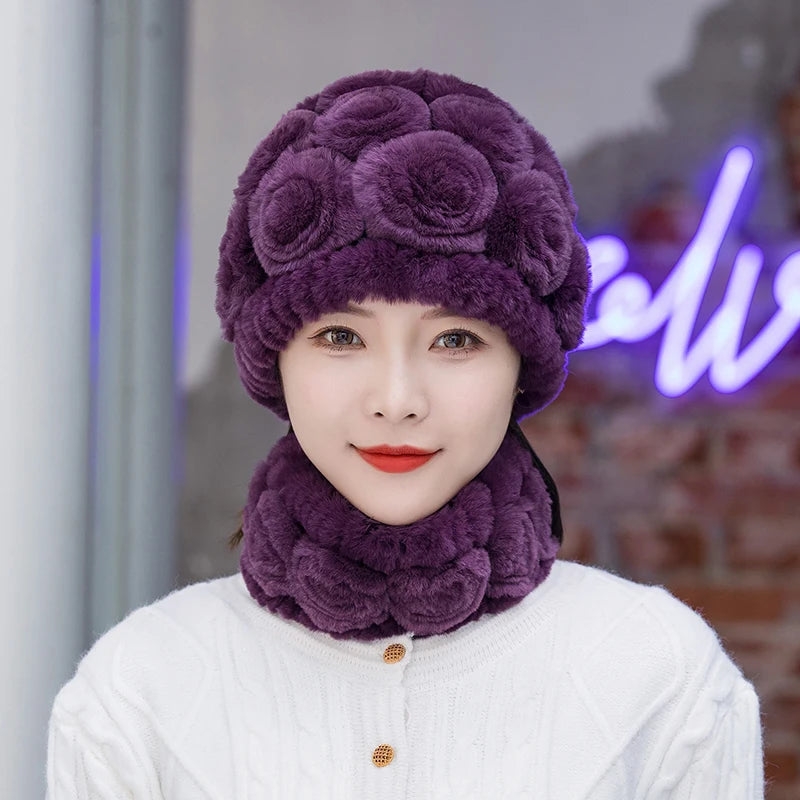 Winter Knitted 100% Natural Fur Hats Scarves Sets Women Warm Real Rex Rabbit Fur Hat Scarf Lady Fashiom Thick Rex Rabbit Fur Hat
