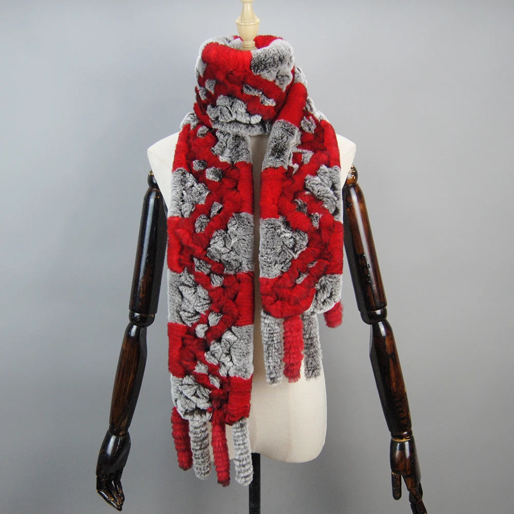 2025 Long Style Women Winter Real Rex Rabbit Fur Scarf Natural Rex Rabbit Fur Scarves Lady Knitted Rex Rabbit Fur Ring Scarves