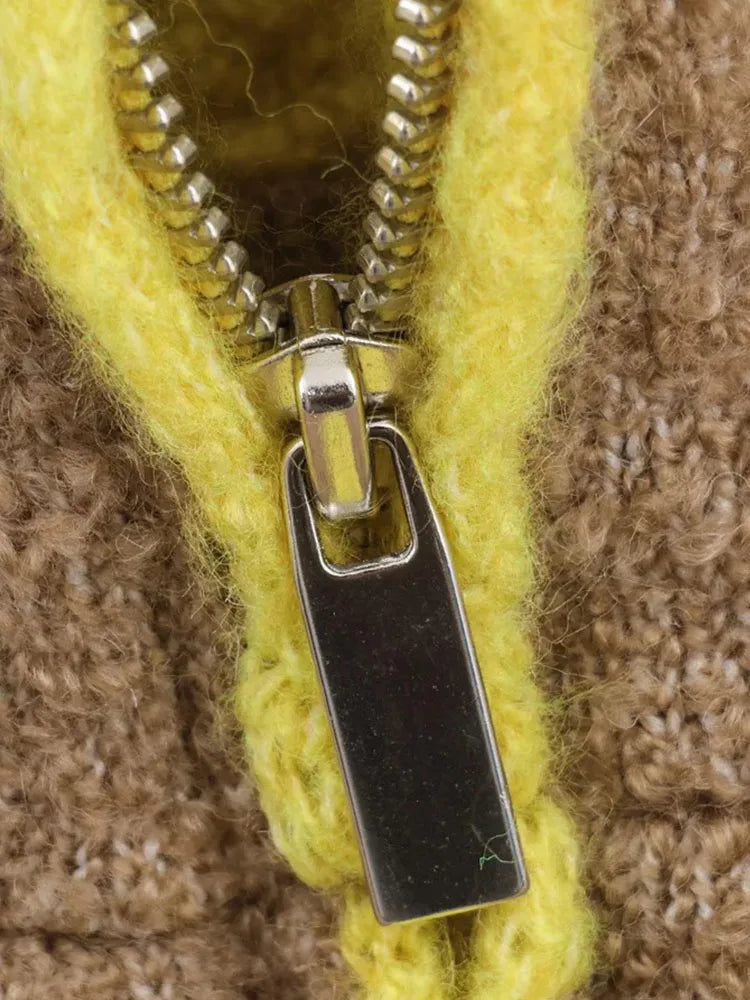 Women Autumn Winter New Color-block Knitwear Fleece Jacket Street Style Women's Fashion Outerwear Elegant Stand Collar Coat