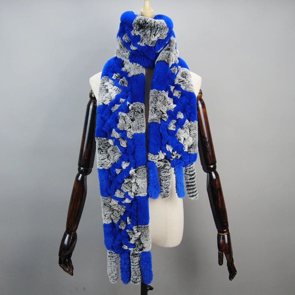 2025 Long Style Women Winter Real Rex Rabbit Fur Scarf Natural Rex Rabbit Fur Scarves Lady Knitted Rex Rabbit Fur Ring Scarves