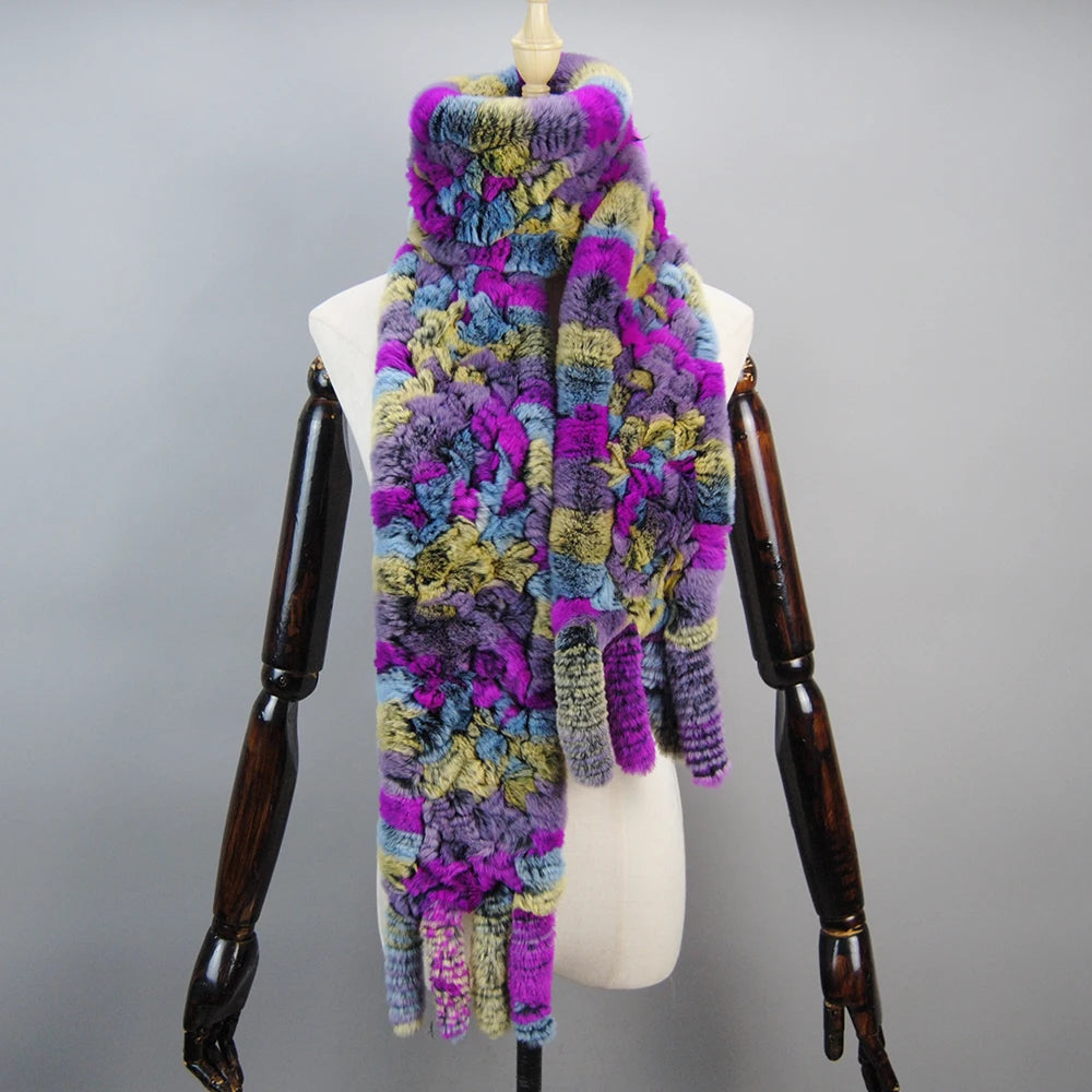 2025 Long Style Women Winter Real Rex Rabbit Fur Scarf Natural Rex Rabbit Fur Scarves Lady Knitted Rex Rabbit Fur Ring Scarves