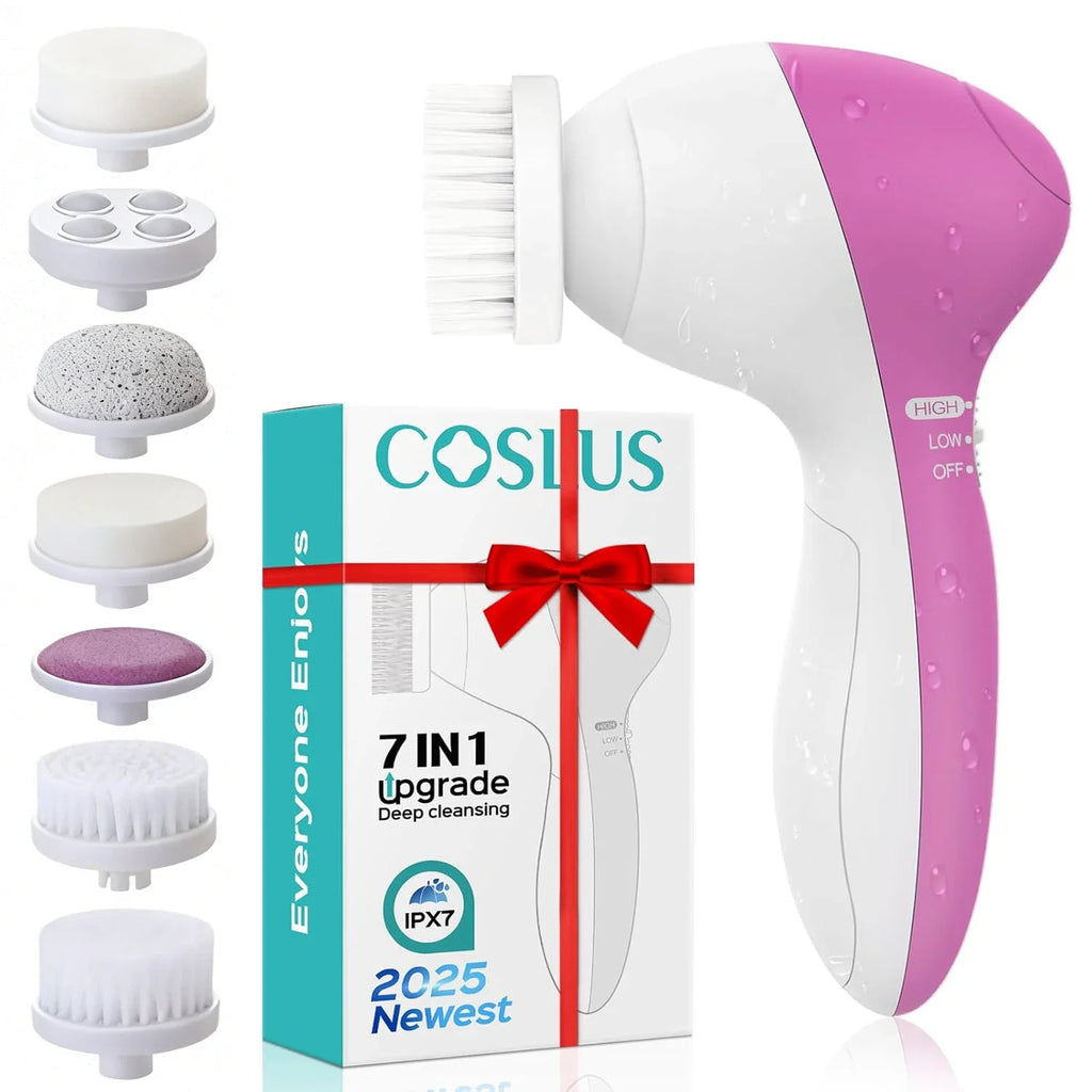 7-in-1 Electric Exfoliating Facial Cleansing Brush for Deep Cleansing and Massaging, with 7 Replaceable Brush Heads.
