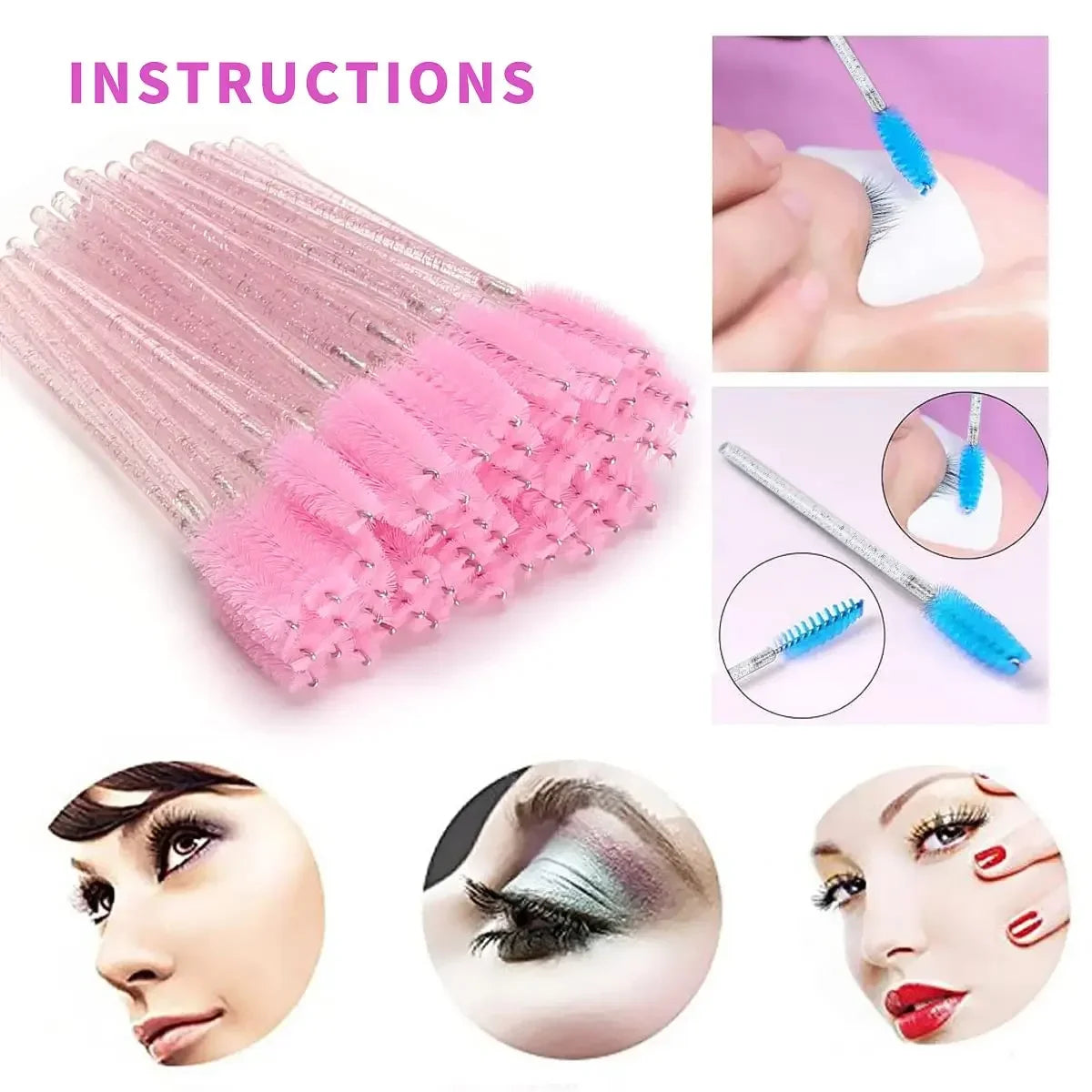 Disposable Eyelash Brush – Crystal Handle Portable Eyebrow & Lash Brush (50-100/Pack), Eyelash Extension Spiral Lash Comb