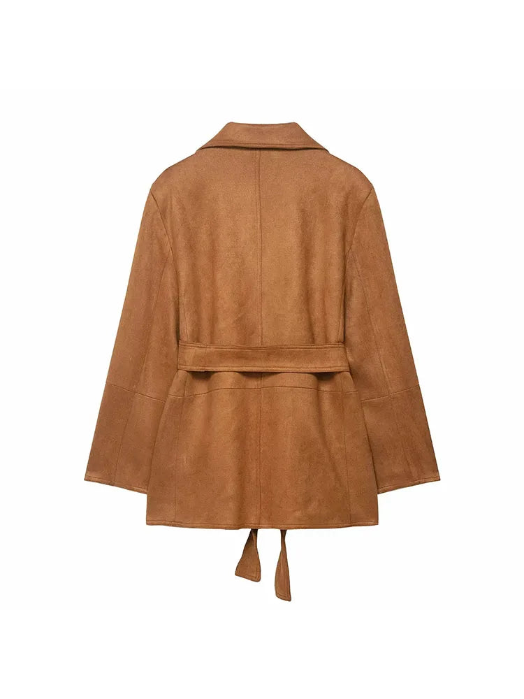 Women's Vintage Solid Elegant Blazer Suede Fashion 2025 Autumn Office Lady Sashes Chic Loose Chic Streetwear Mujer Outwear