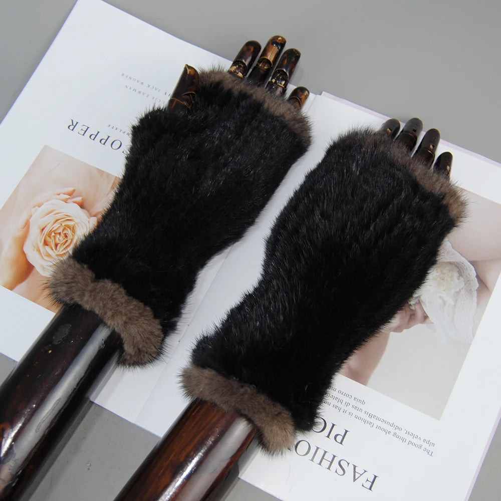 New Style Women Winter Real Mink Fur Gloves 100% Natural Warm Mink Fur Fingerless Gloves Girls Knitted Genuine Mink Fur Mittens