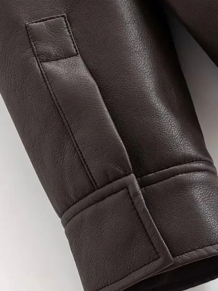 Women 2025 Autumn Artificial Leather Casual Chic Women Jacket Solid Turn-down Collar Zipper Long Sleeve Coats Fashion Coats