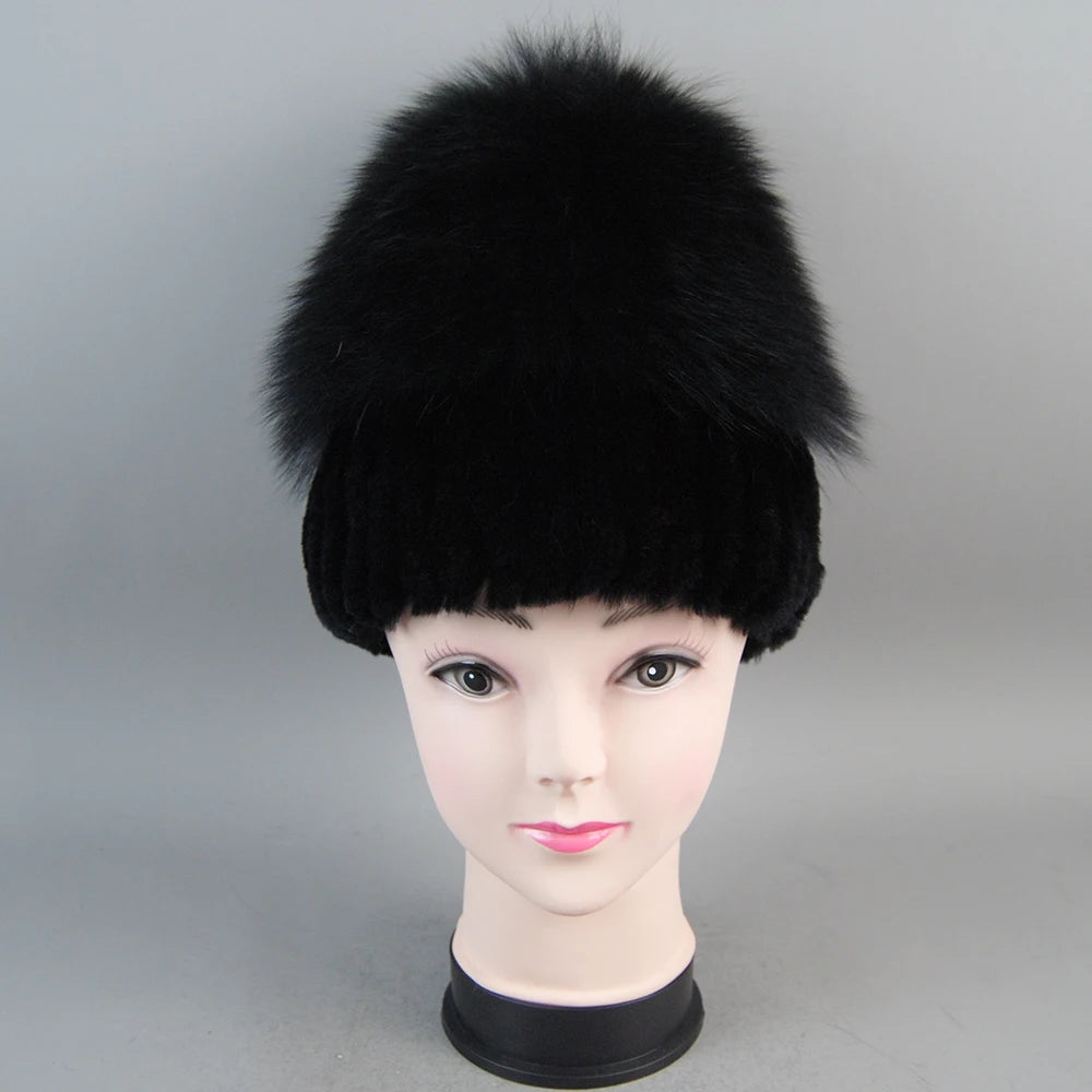 Female's Hat Good Elastic Natural Fluffy Real Fox Fur Hat New Winter Women Knitted Real Rex Rabbit Fur Hats Lady Real Fur Cap