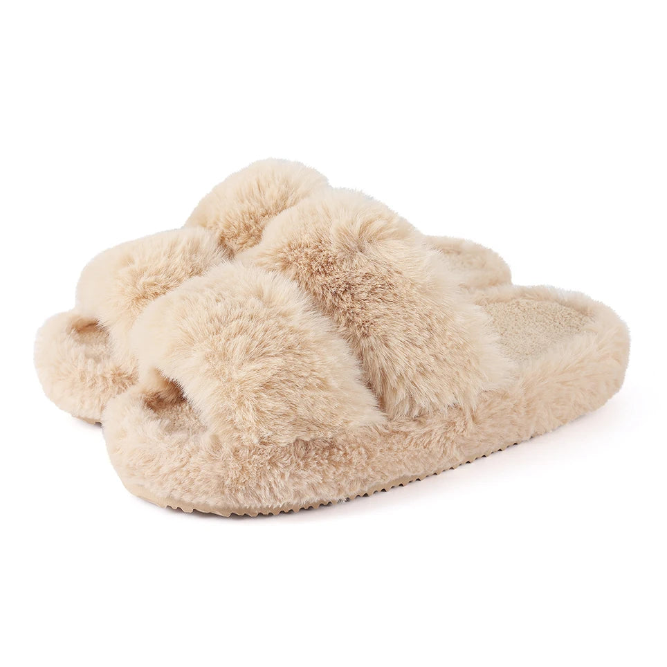 Evshine New Open Toe Fluffy Slippers Indoor Warm Fur Female Slides Fashion Plush Women House Shoes Women Winter Fuzzy Slippers