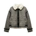 2025 Winter trip strap with fur all-in-one fleece double lapel long sleeve warm windproof grey coat for women