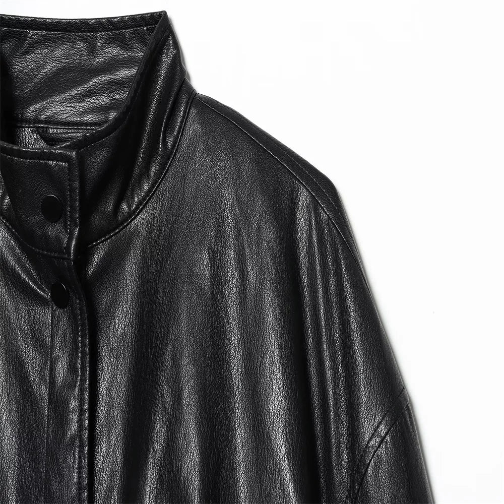 Autumn New Product Women's Wear High End Loose High Collar Imitation Leather Pilot Jacket Coat Leather Jacket