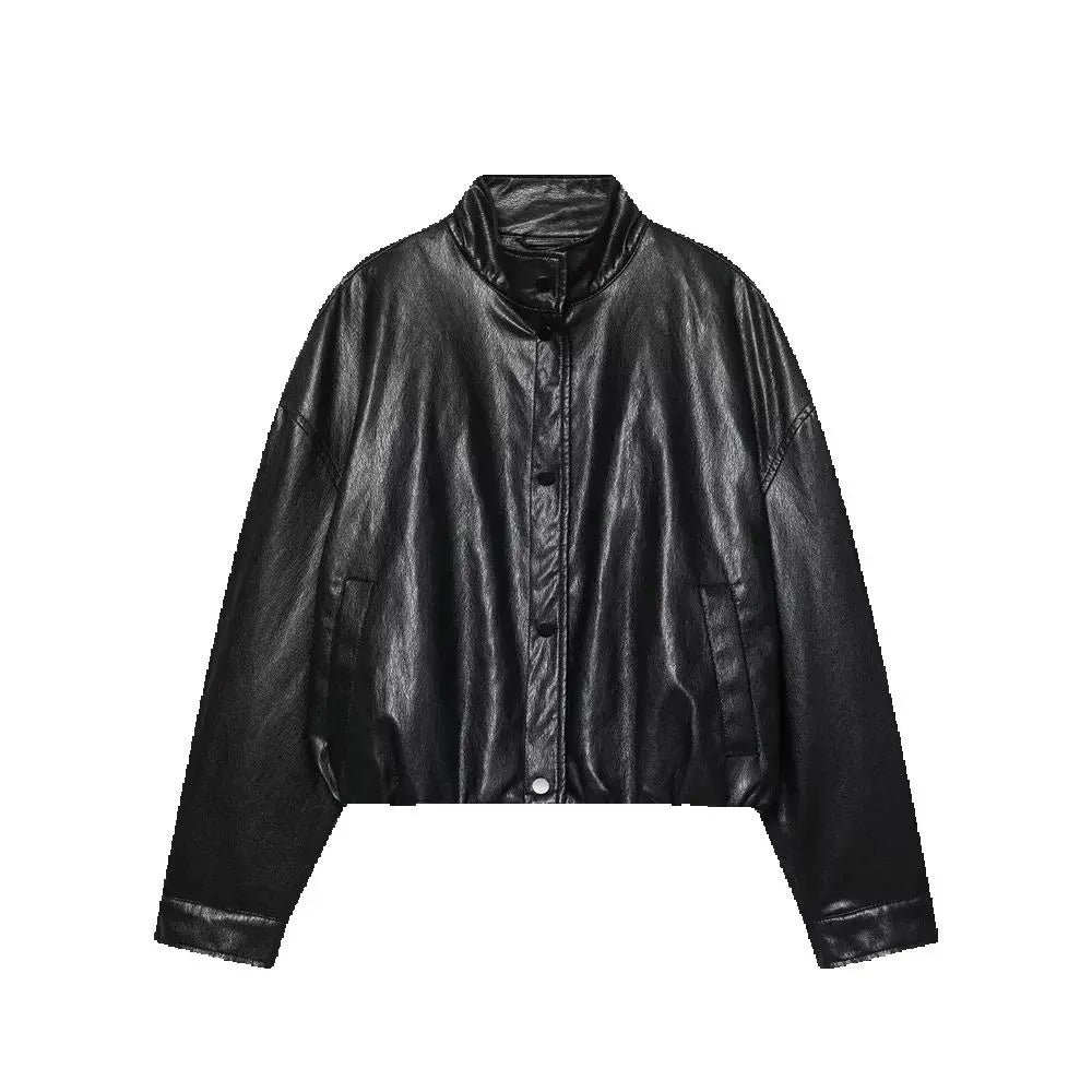 Autumn New Product Women's Wear High End Loose High Collar Imitation Leather Pilot Jacket Coat Leather Jacket