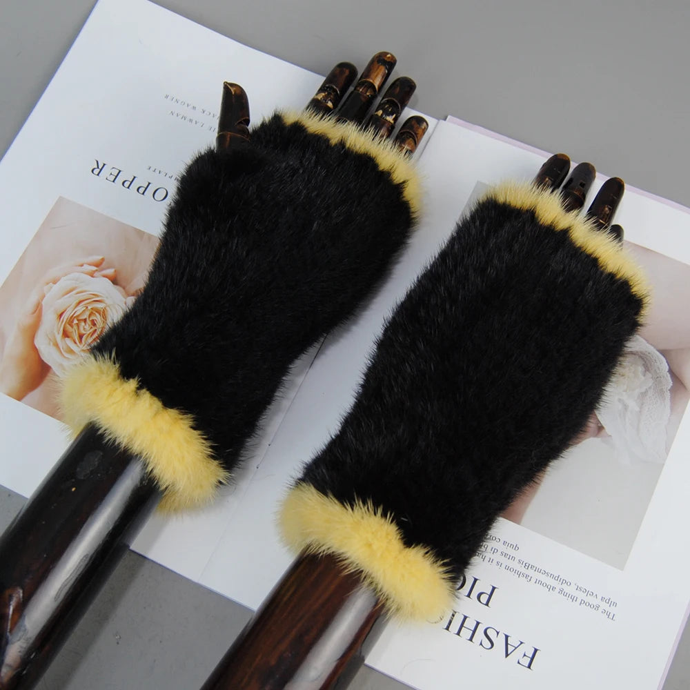 New Style Women Winter Real Mink Fur Gloves 100% Natural Warm Mink Fur Fingerless Gloves Girls Knitted Genuine Mink Fur Mittens