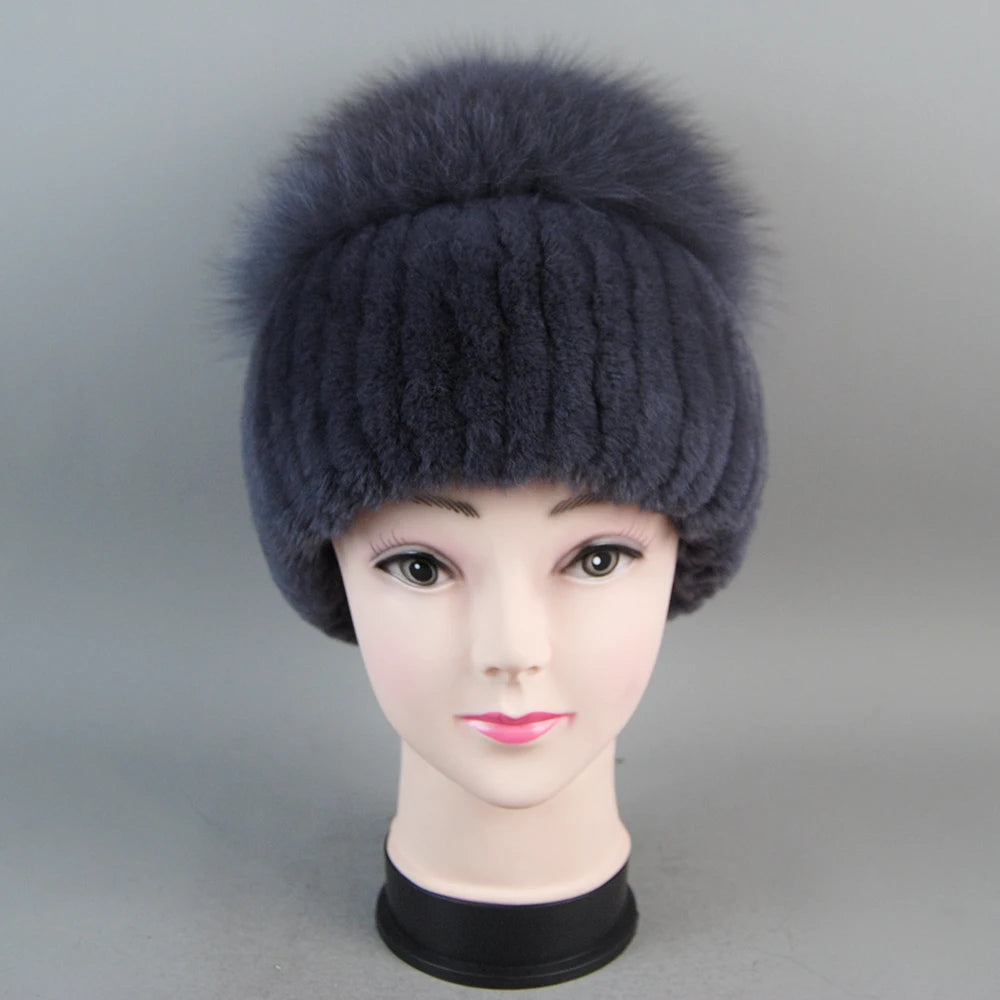 Female's Hat Good Elastic Natural Fluffy Real Fox Fur Hat New Winter Women Knitted Real Rex Rabbit Fur Hats Lady Real Fur Cap
