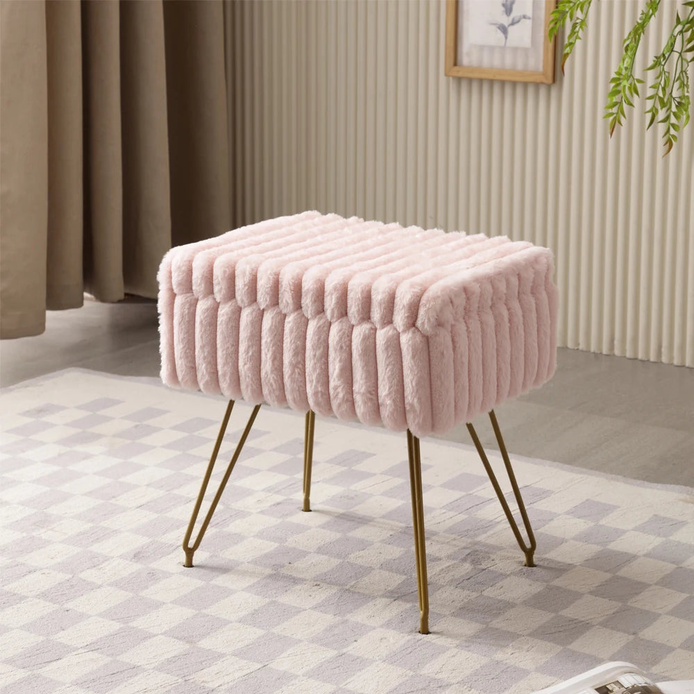 Chic Faux Fur Vanity Stool With Storage - Soft, Comfortable Ottoman Chair For Makeup & Relaxation With Ottoman Chair For Vanity