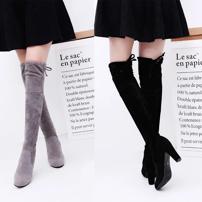 Brand Thigh High Botines Mujer Plush Fur Shoes Winter Stovepipe Stretch Over Knee Long Boots Women Lace-up Velvet Knight Bottes