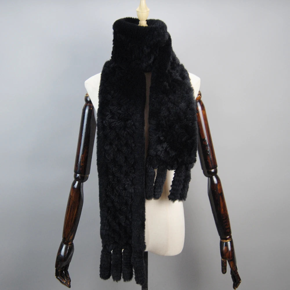 2025 Long Style Women Winter Real Rex Rabbit Fur Scarf Natural Rex Rabbit Fur Scarves Lady Knitted Rex Rabbit Fur Ring Scarves