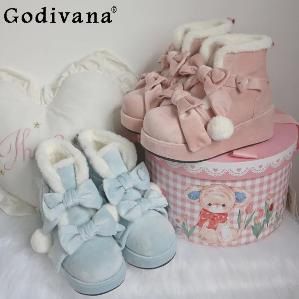 Thick-soled Snow Boots Women Winter Velvet Kawaii Pink Shoes Lolita Sweet Cute Bow Boot Women