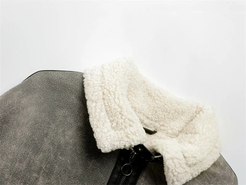 2025 Winter trip strap with fur all-in-one fleece double lapel long sleeve warm windproof grey coat for women