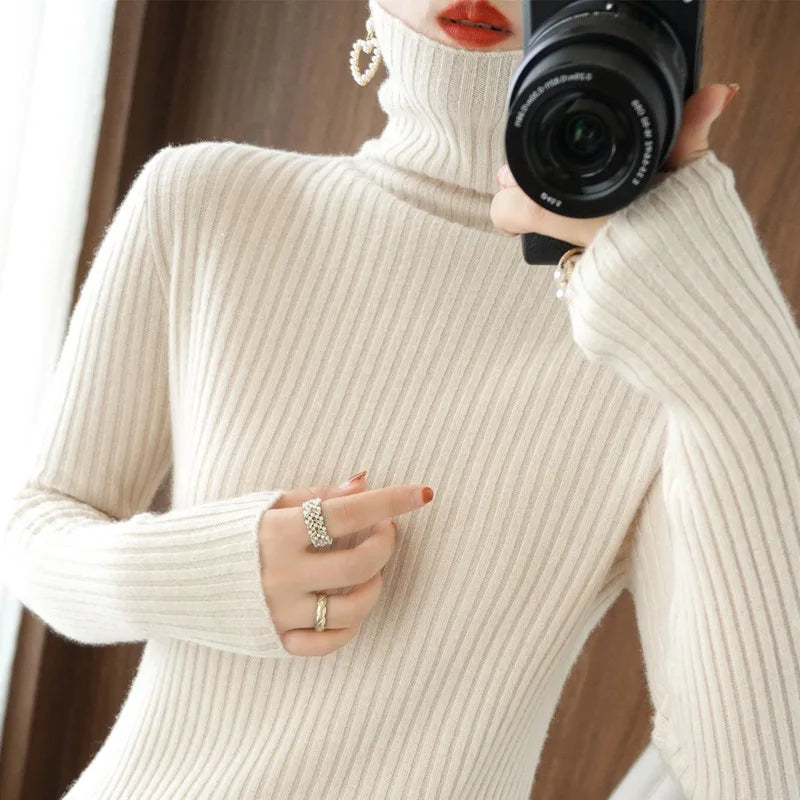 2025 Spring Autumn Winter Women's Cashmere Sweater Turtleneck Pullover Slim Solid Color High-quality Warmth Comfort Knitwears