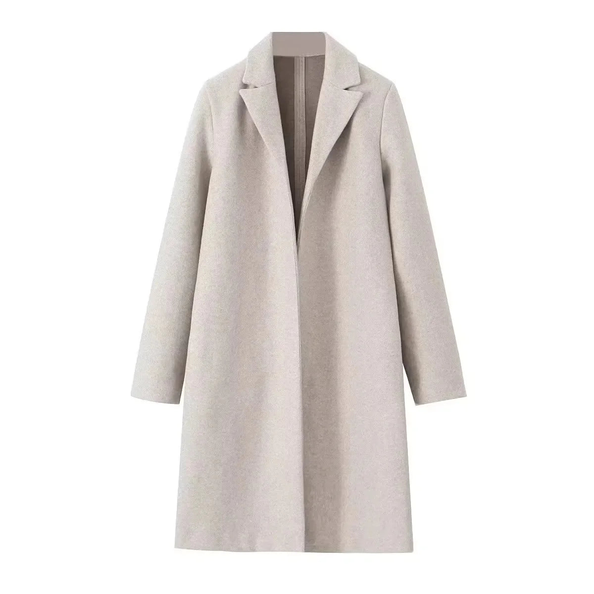 2025 Women Woolen coat Fashion Solid Open Stitch Long Trench Coats Vintage V-Neck Full Sleeves Female Chic Lady Outfits