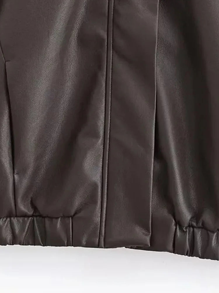 Women 2025 Autumn Artificial Leather Casual Chic Women Jacket Solid Turn-down Collar Zipper Long Sleeve Coats Fashion Coats