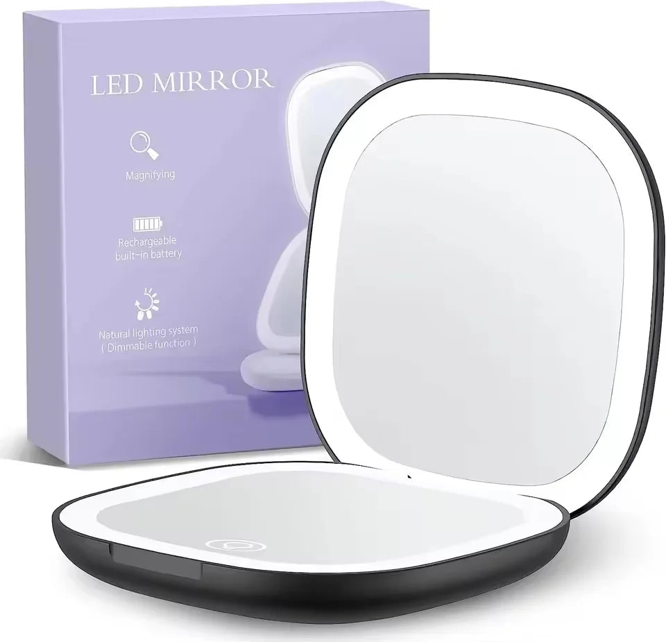 Portable LED Makeup Mirror, Double-Sided Lighted Mirror, Rechargeable 5X Magnification Folding Dressing Mirror for Touch-Ups.