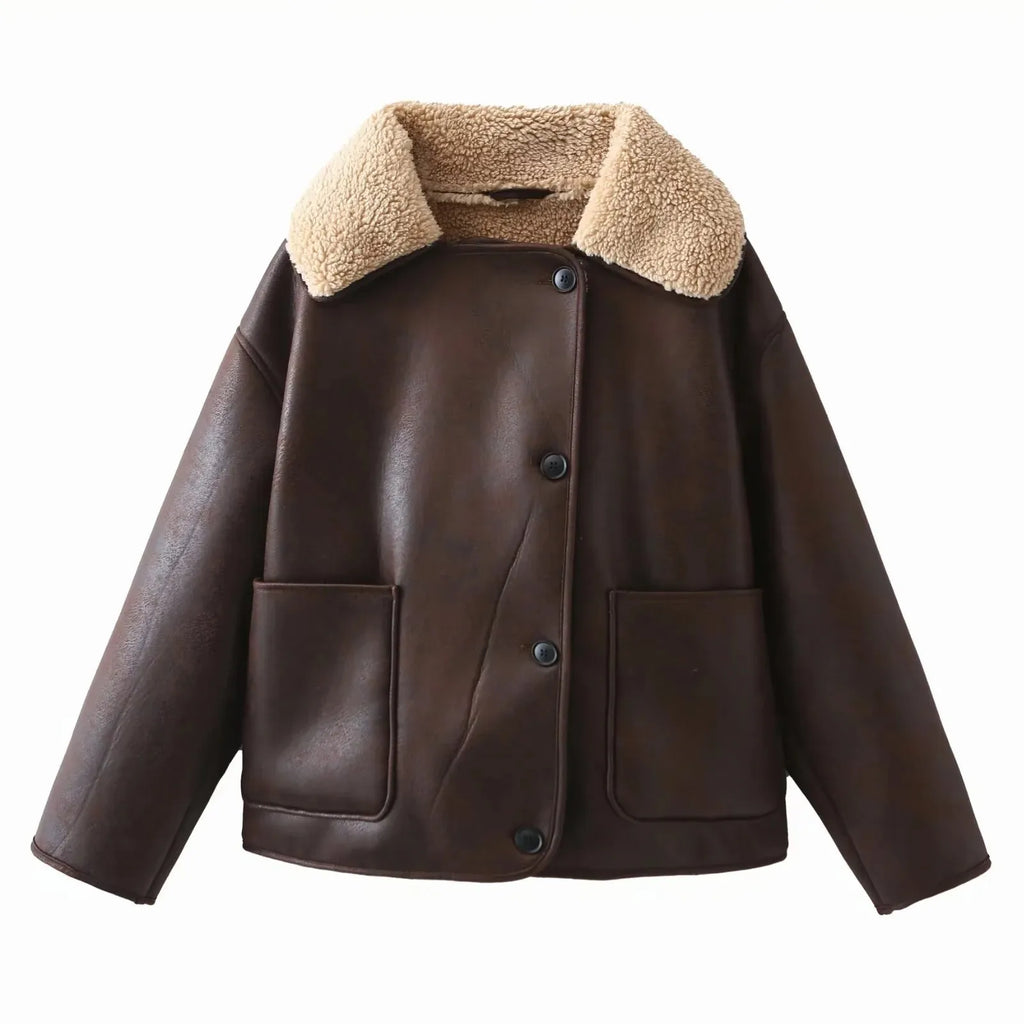 Vintage Casual Women Jackets Artificial Leather Turn-down Collar Single Breasted Loose Thick Coats Fashion Outwears