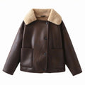 Vintage Casual Women Jackets Artificial Leather Turn-down Collar Single Breasted Loose Thick Coats Fashion Outwears