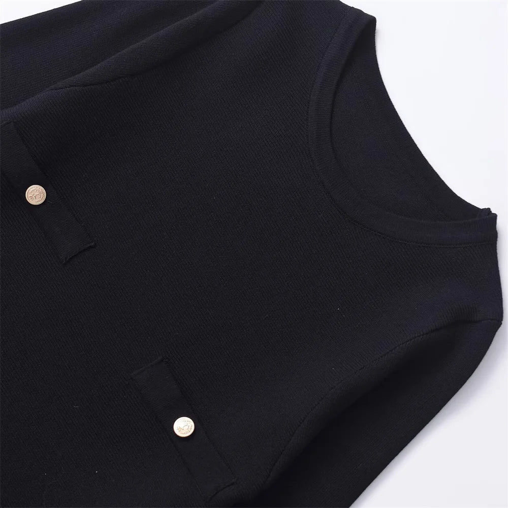 women's solid color button decoration wide pleated knitted short skirt autumn new product round neck long sleeved dress