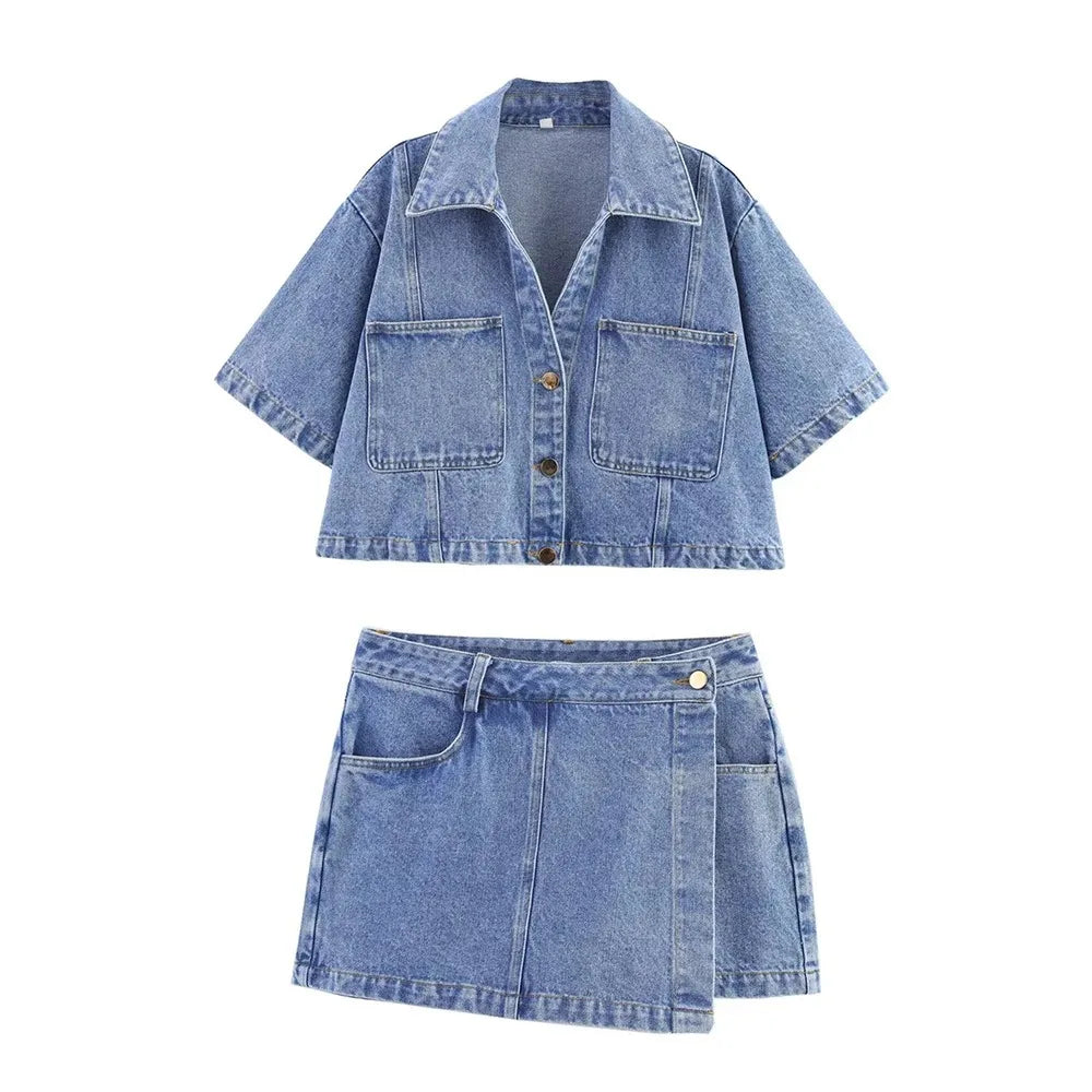 Women's Short Lapel Denim Shirt + Irregular Fashion Short Skirt Pants Vintage Casual Denim Suit Commuter High Street Suit