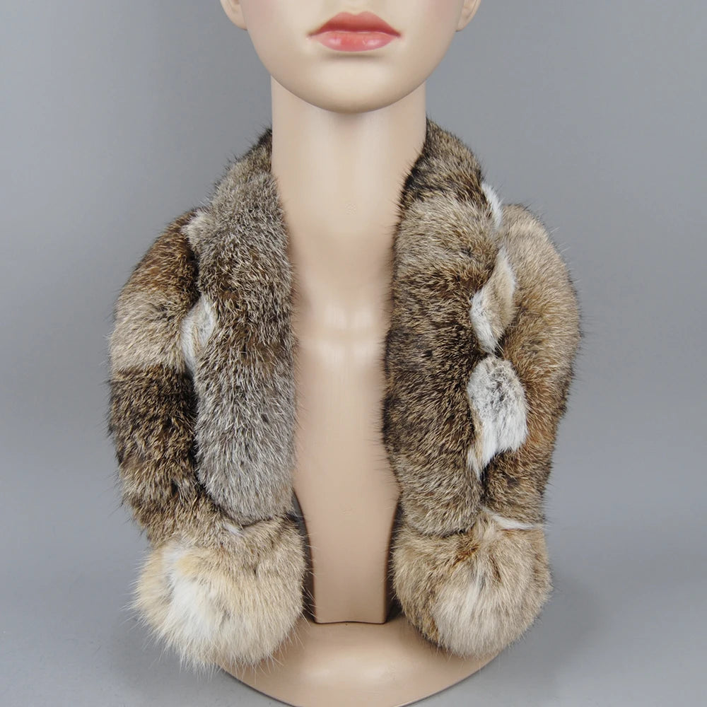 2025 New Russian Women Genuine Rabbit Fur Scarf Winter Ladies Warm Real Rabbit Fur Muffler Fluffy Pompoms Natural Fur Scarves